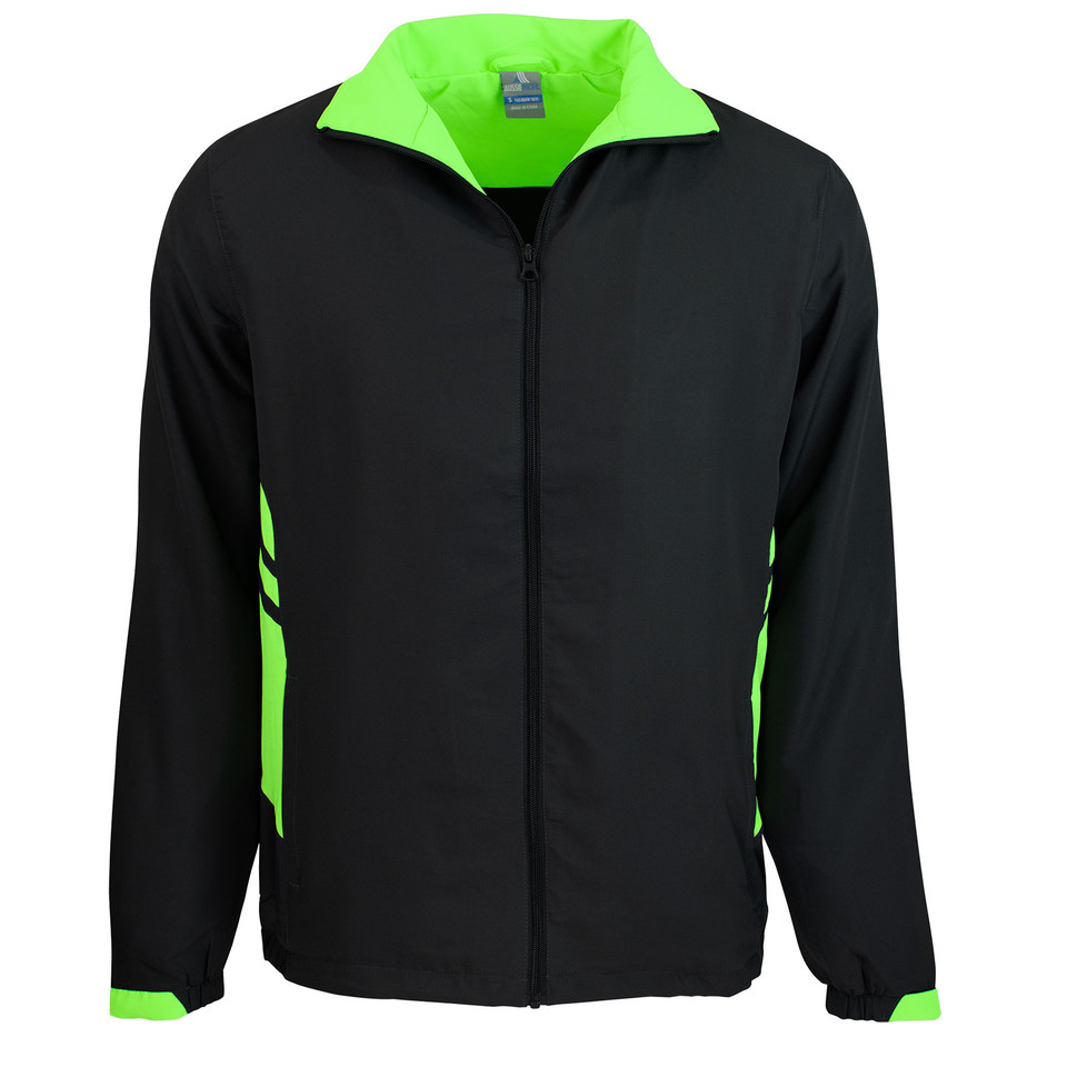 Black sports jacket with neon green collar and side panels featuring zip front closure