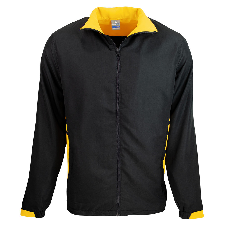 Black sports track jacket with gold contrast collar, side panels and cuff trim, full zip front