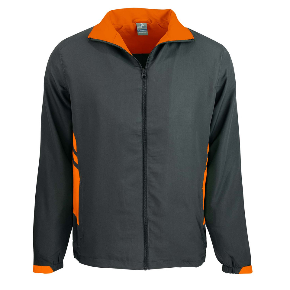Slate+Neon Orange Plain Talent men's contrast sports tracktop jacket, made from polyester with jersey lining and a full zip, ideal for team uniforms and custom embroidery/branding.