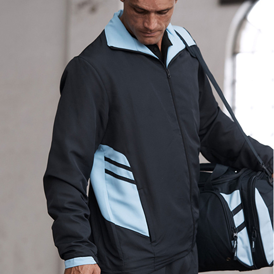 Plain Talent men's contrast sports tracktop jacket, made from polyester with jersey lining and a full zip, ideal for team uniforms and custom embroidery/branding.