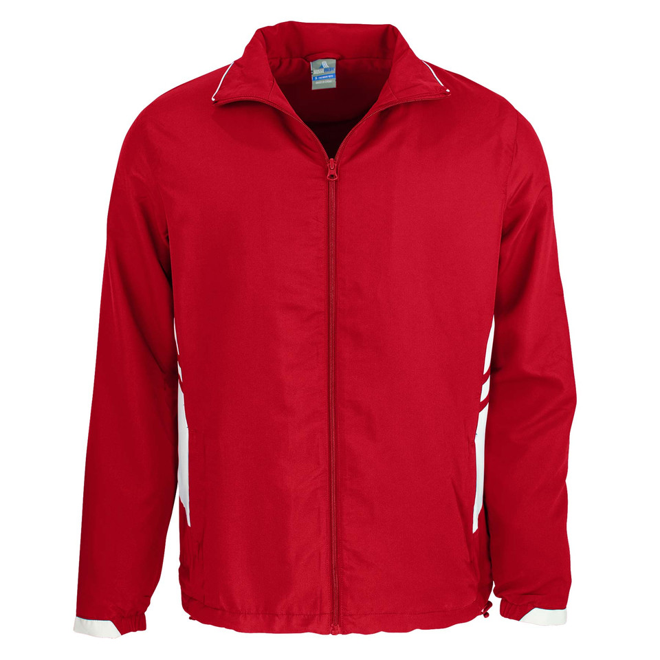 Red+White Plain Talent men's contrast sports tracktop jacket, made from polyester with jersey lining and a full zip, ideal for team uniforms and custom embroidery/branding.