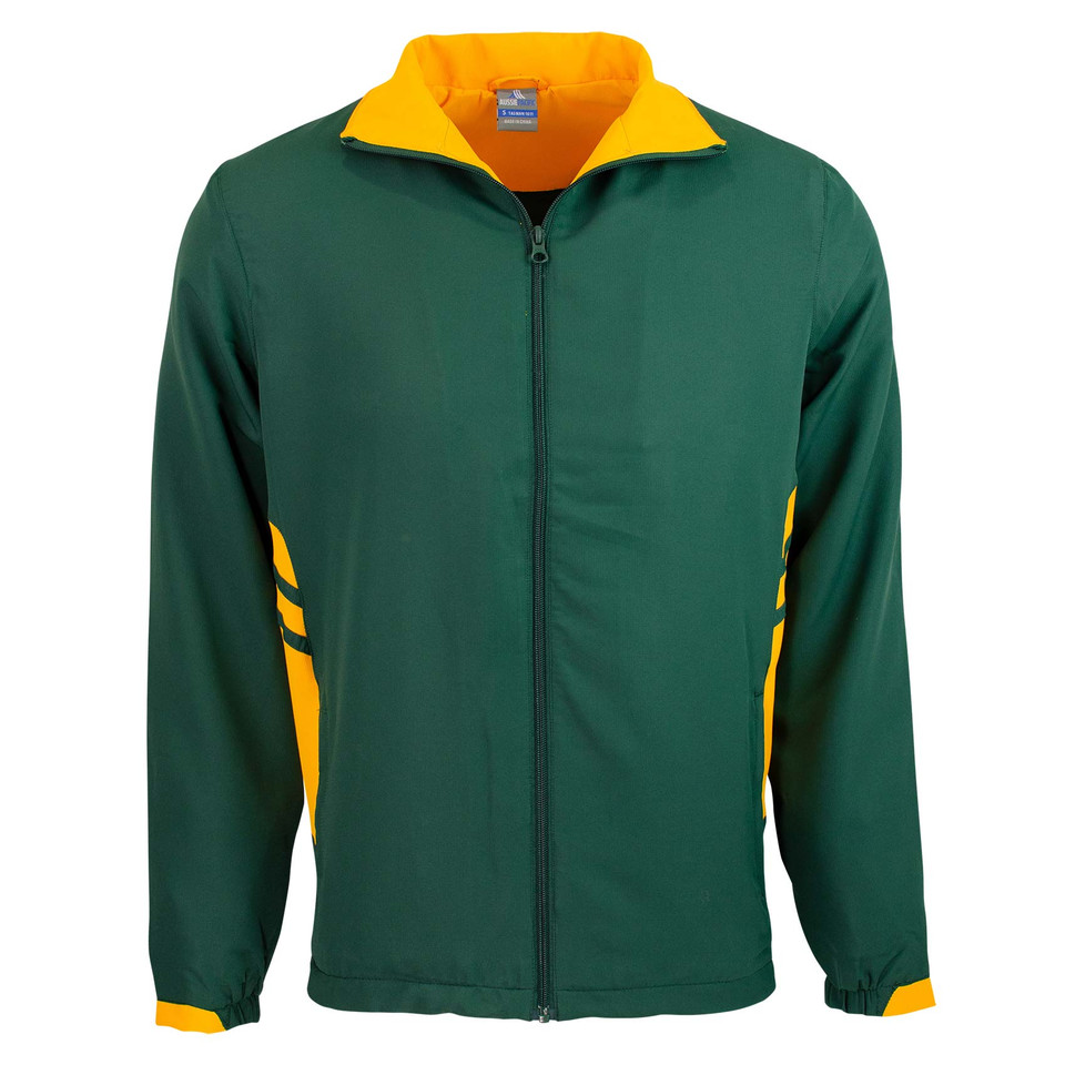 Forest green full-zip kids track jacket with gold contrast collar and side panels