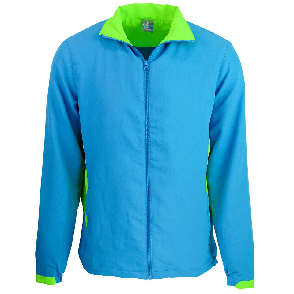 Sky blue kids zip-up track jacket with neon green contrast collar, side panels, and cuff trims