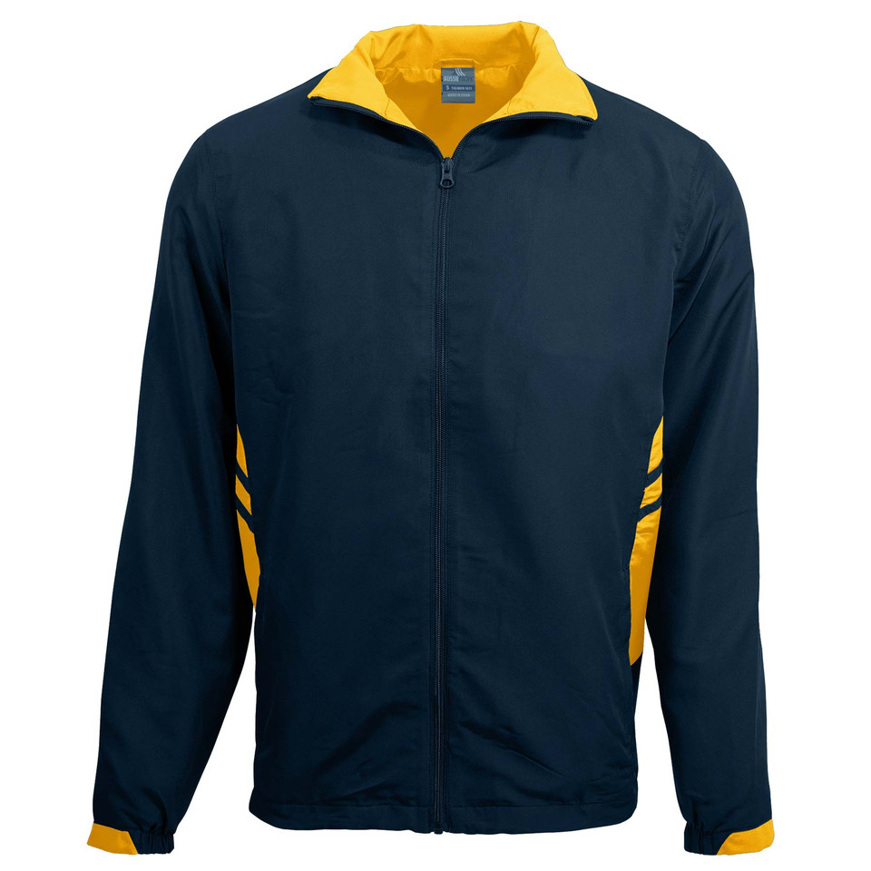 Navy sports track jacket with gold contrast collar, side panels and cuffs featuring full zip closure