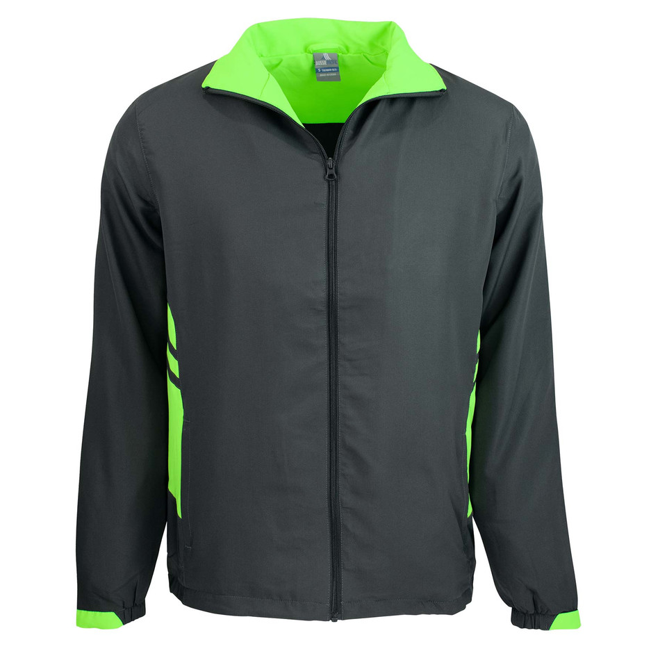 Charcoal kids zip-up track jacket with neon green contrast collar, side panels, and cuff trim