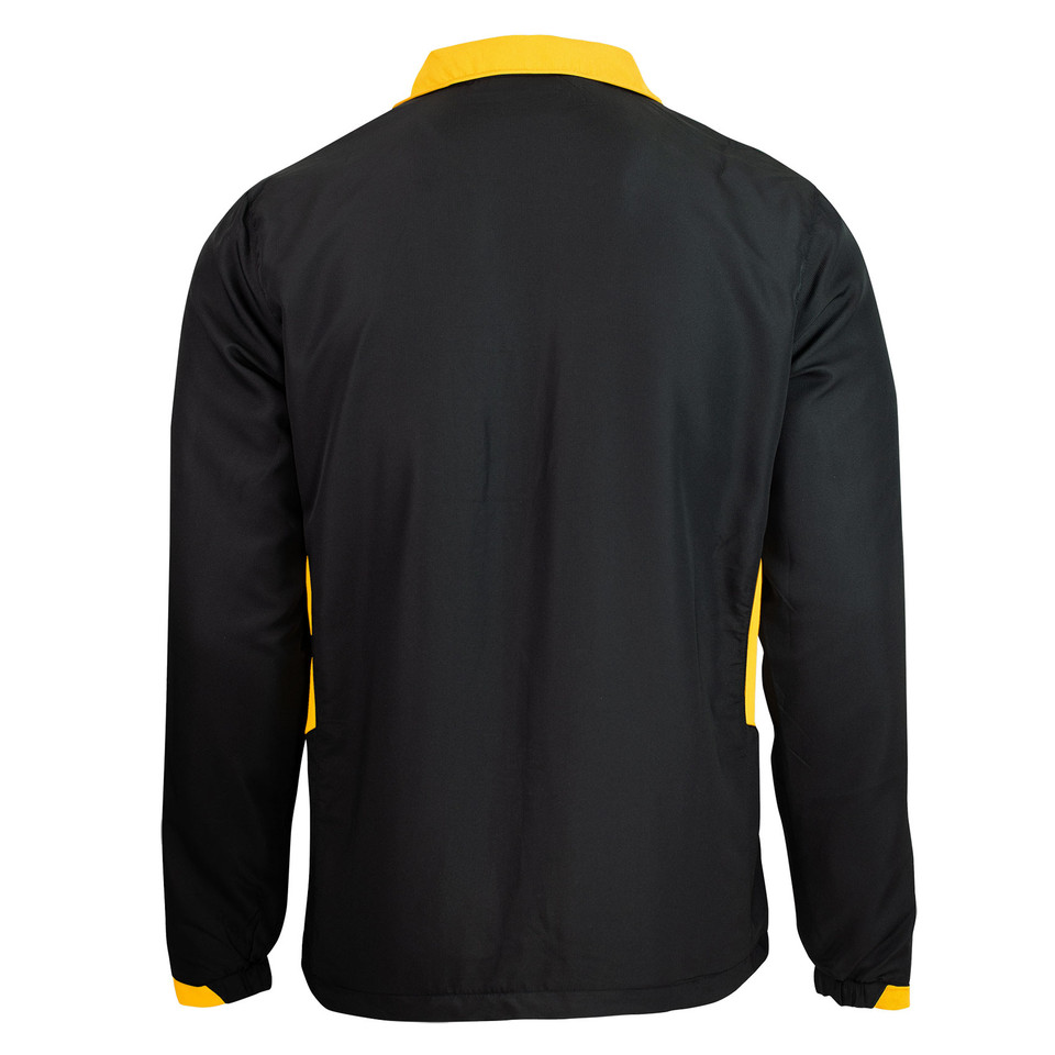 Back view of black kids tracksuit top with gold contrast collar and side panels