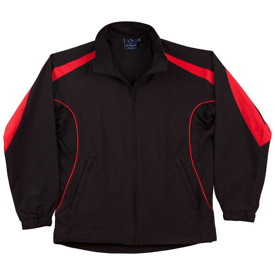 Black sports jacket with red contrast panels on shoulders and sleeves, featuring front zip closure and side pockets