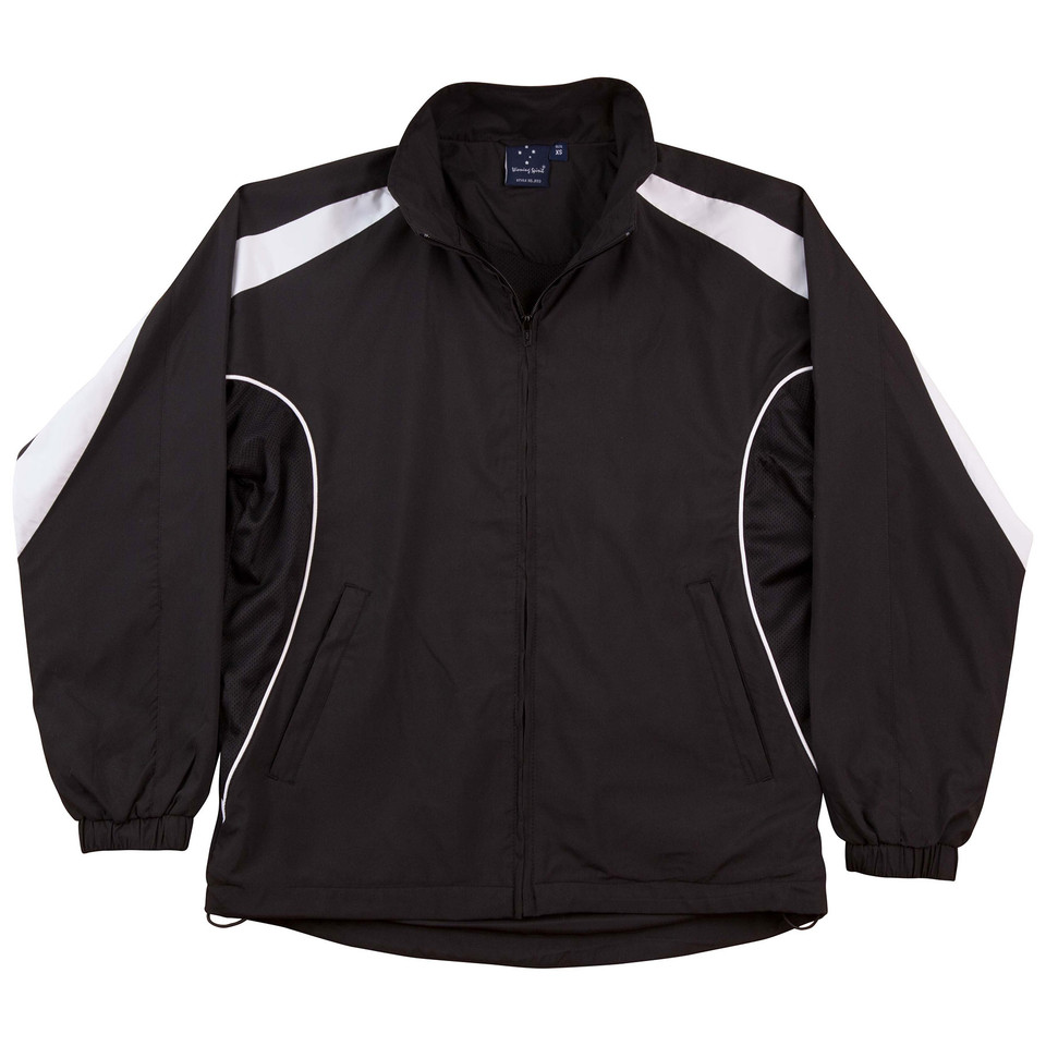 Black sports jacket with white shoulder panels and contrast piping detail, zip front with elastic cuffs and waist