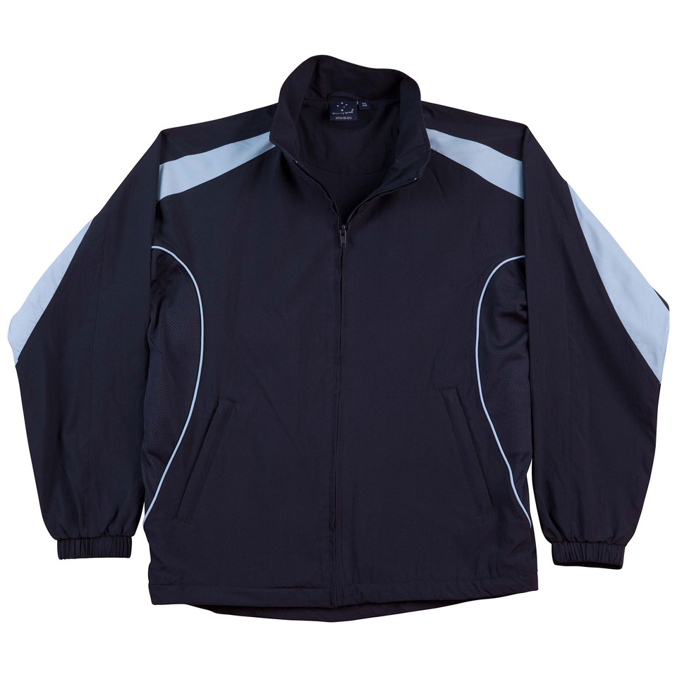 Navy sports jacket with sky blue shoulder panels and white contrast piping detail
