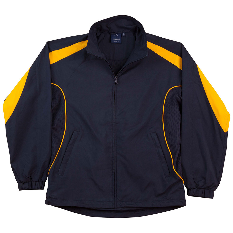 Navy sports jacket with gold contrast panels on shoulders and sleeves, piping detail, and zippered front