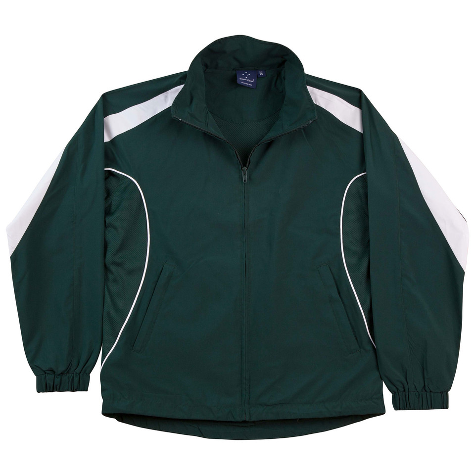 Dark green sports jacket with white contrast panels on shoulders and sleeves, featuring piping detail and front zip