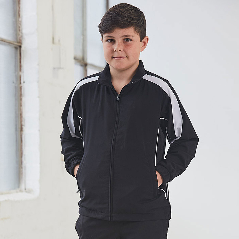 Black sports jacket with white contrast panels on shoulders and sleeves, featuring full front zip and front pockets