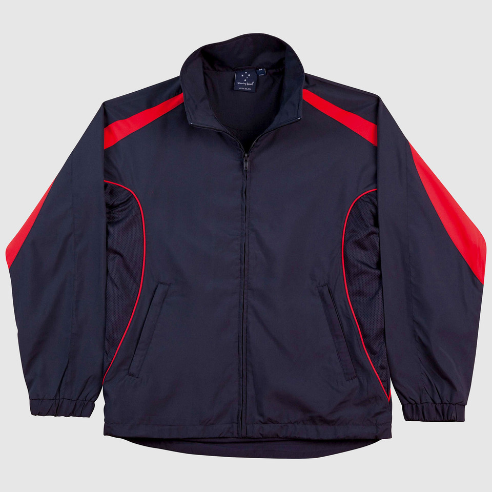 Navy sports jacket with red contrast panels on shoulders and sleeves, featuring elastic cuffs and hem