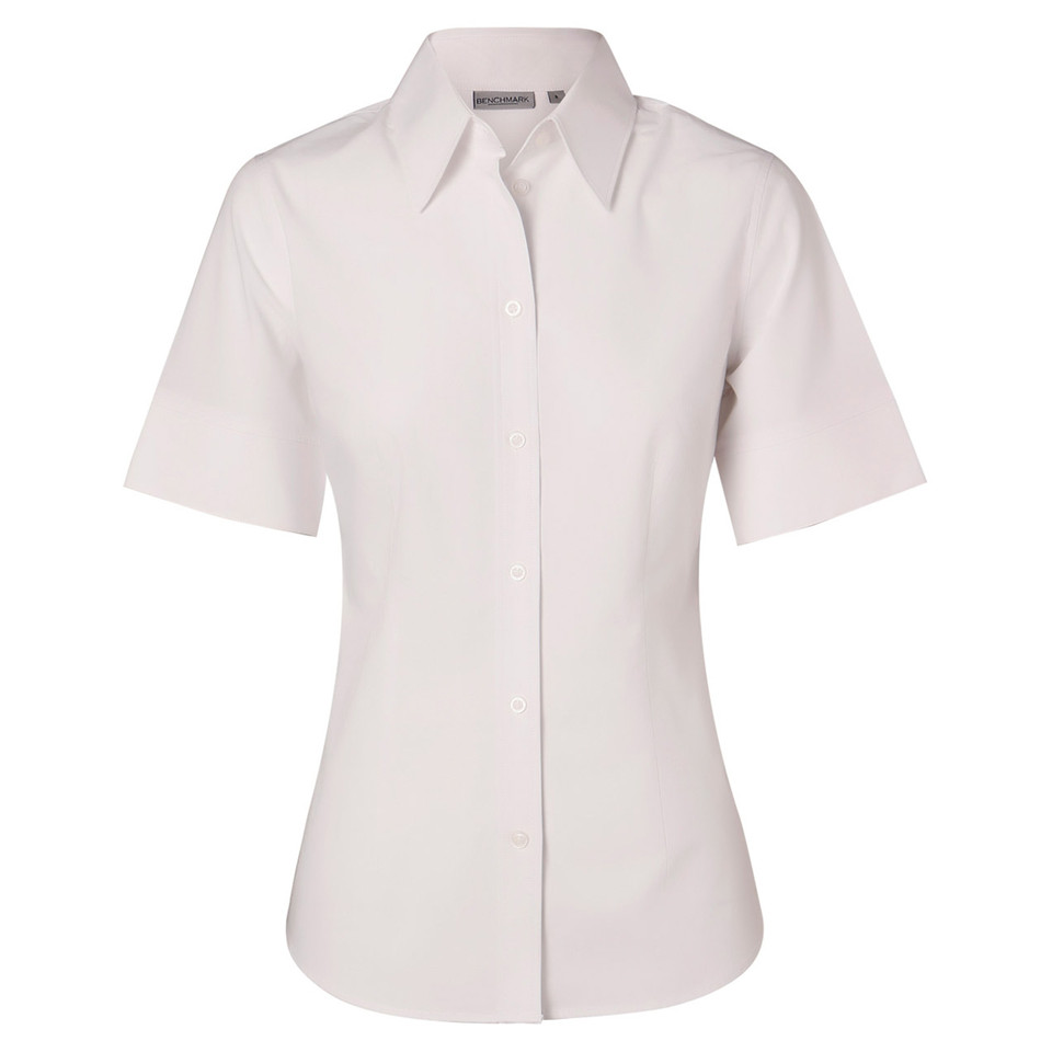 White women's short sleeve stretch shirt with collar and button-front placket