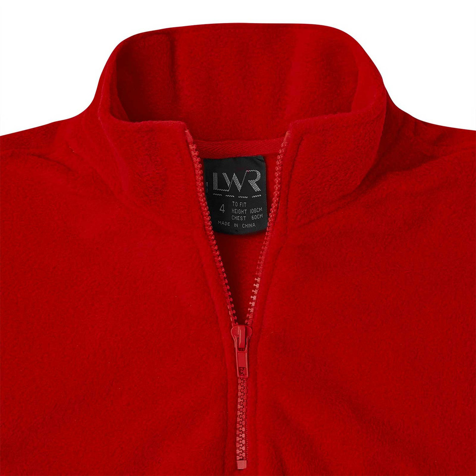 Bright red polar fleece half-zip sweatshirt with stand-up collar and tonal zipper detail