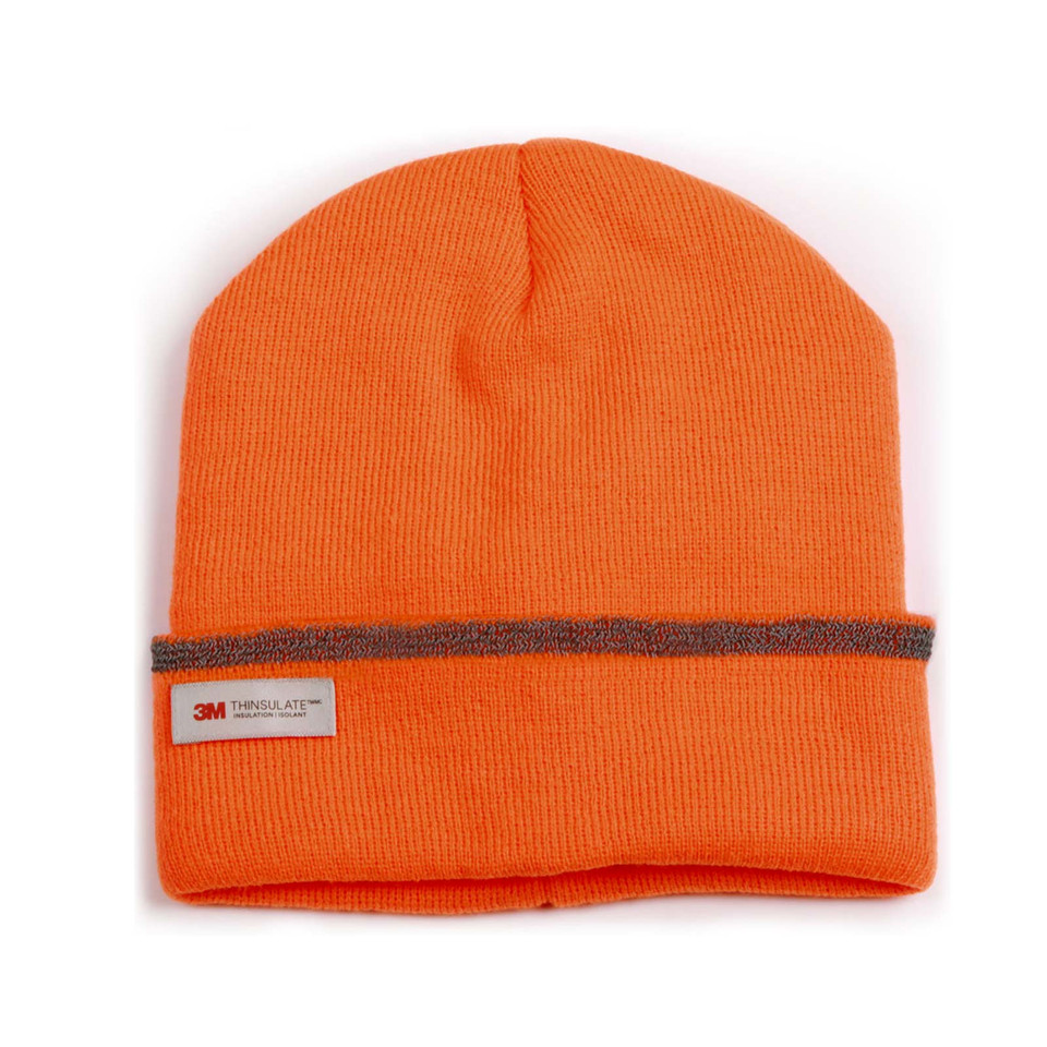 Hi-vis orange ribbed knit beanie with grey 3M reflective tape stripe across folded cuff