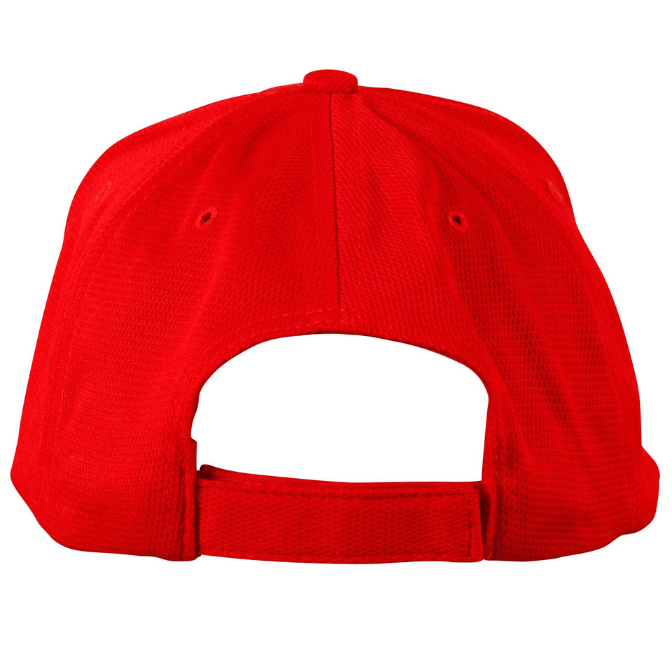 Back view of a red structured baseball cap with velcro strap and pique mesh fabric panels