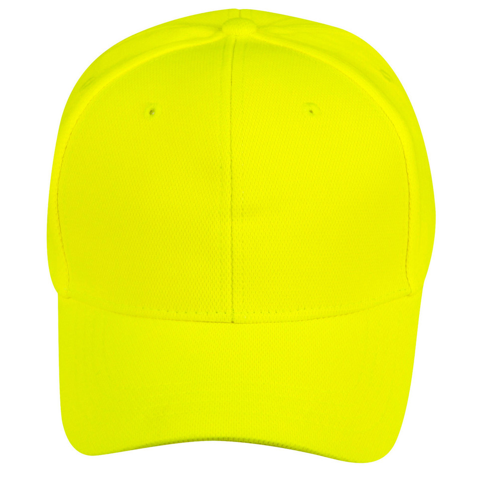 Fluoro yellow structured six-panel baseball cap with smooth front crown and curved brim