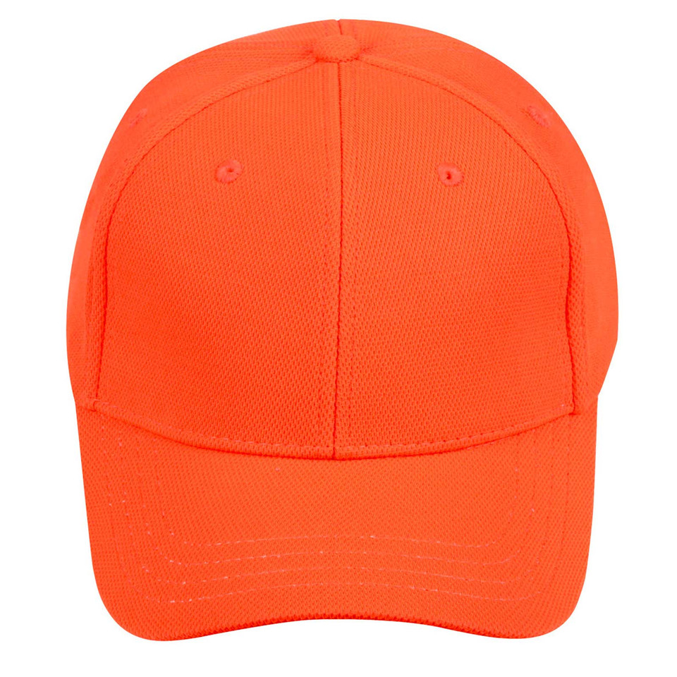 Fluoro orange structured six-panel baseball cap with pique mesh texture and curved brim, front view