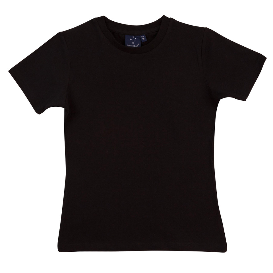 Black fitted women's t-shirt with crew neck and short sleeves, smooth cotton stretch fabric