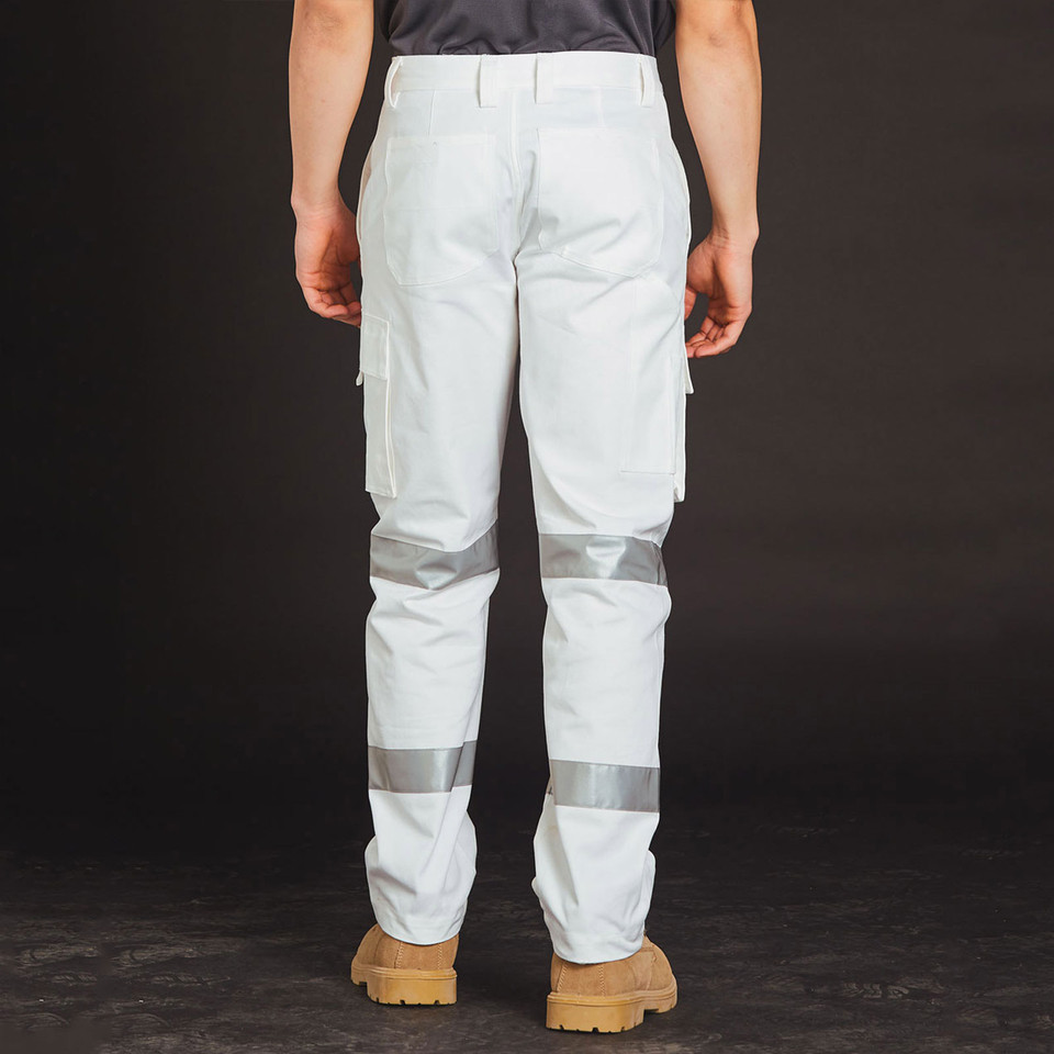 White work pants with biomotion reflective tape panels at knees and lower legs, rear view with cargo pockets