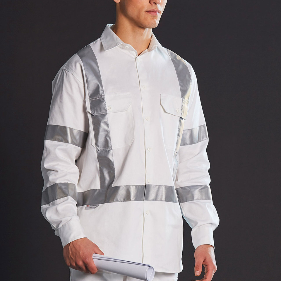 White hi-vis work shirt with silver reflective biomotion tape across chest, arms and torso, featuring dual chest pockets