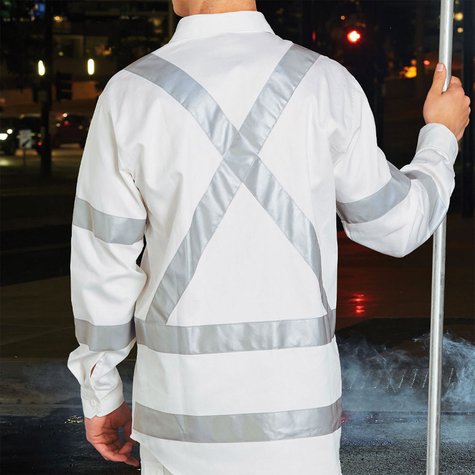 White long sleeve work shirt with silver reflective biomotion tape in cross-back pattern and horizontal bands