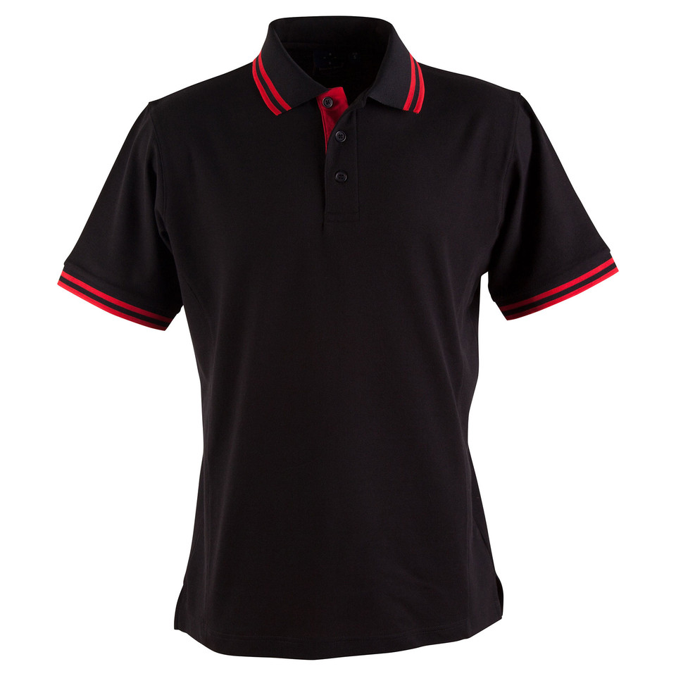 Black polo shirt with red contrast tipping on collar and sleeve cuffs