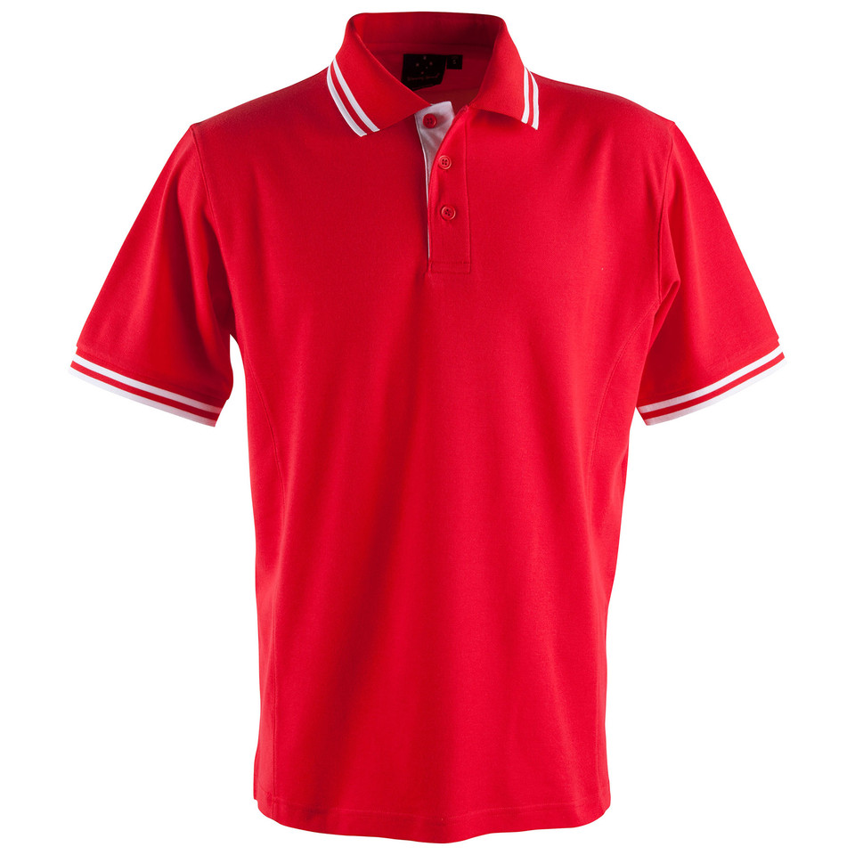 Bright red polo shirt with white contrast tipping on collar and sleeves featuring flat knit construction