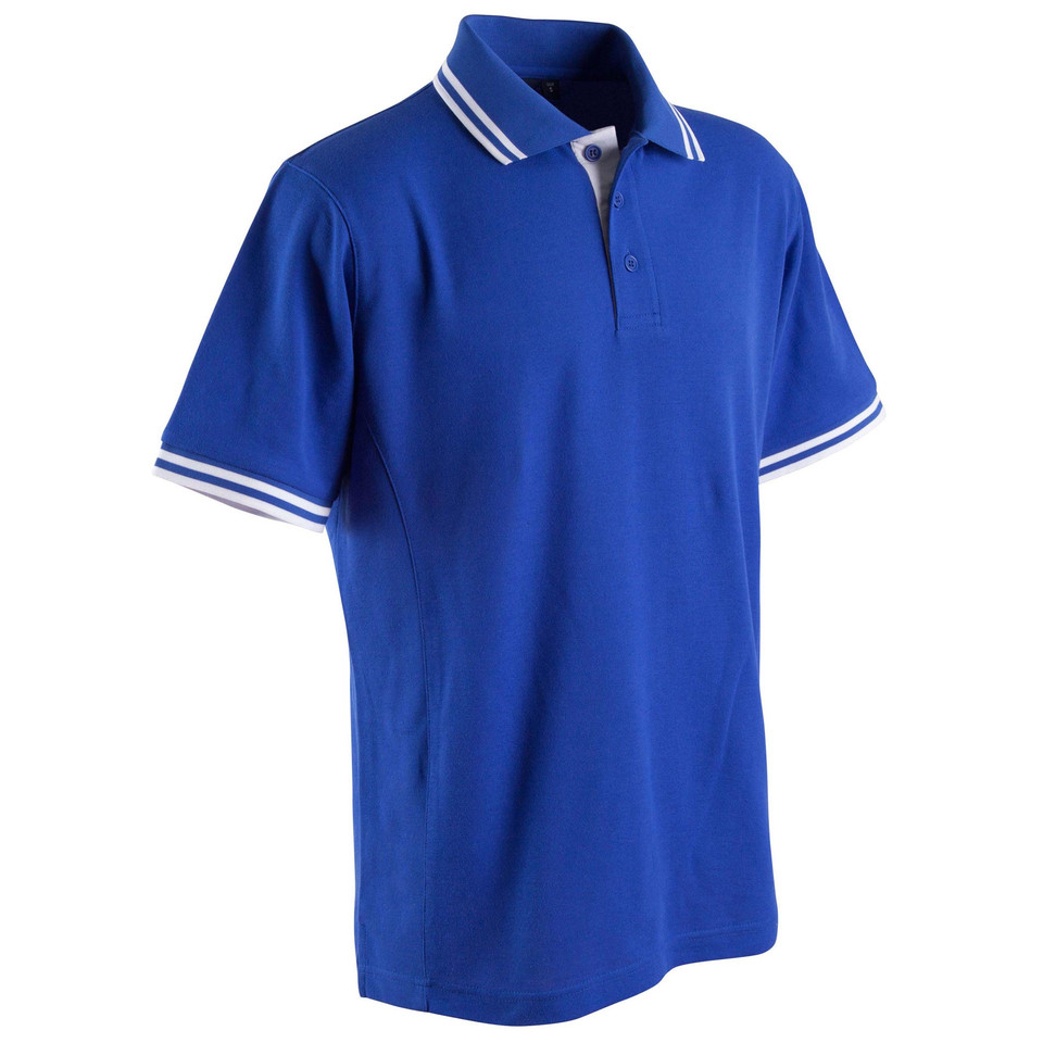 Royal blue kids polo shirt with white contrast tipping on collar and sleeves