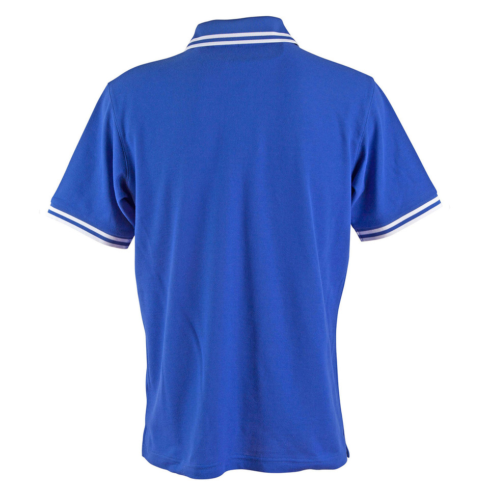 Royal blue polo shirt with white contrast trim on collar and sleeves, rear view showing smooth back panel