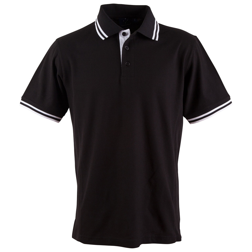 Black short sleeve polo with white contrast tipping on collar and sleeves, featuring white inner placket