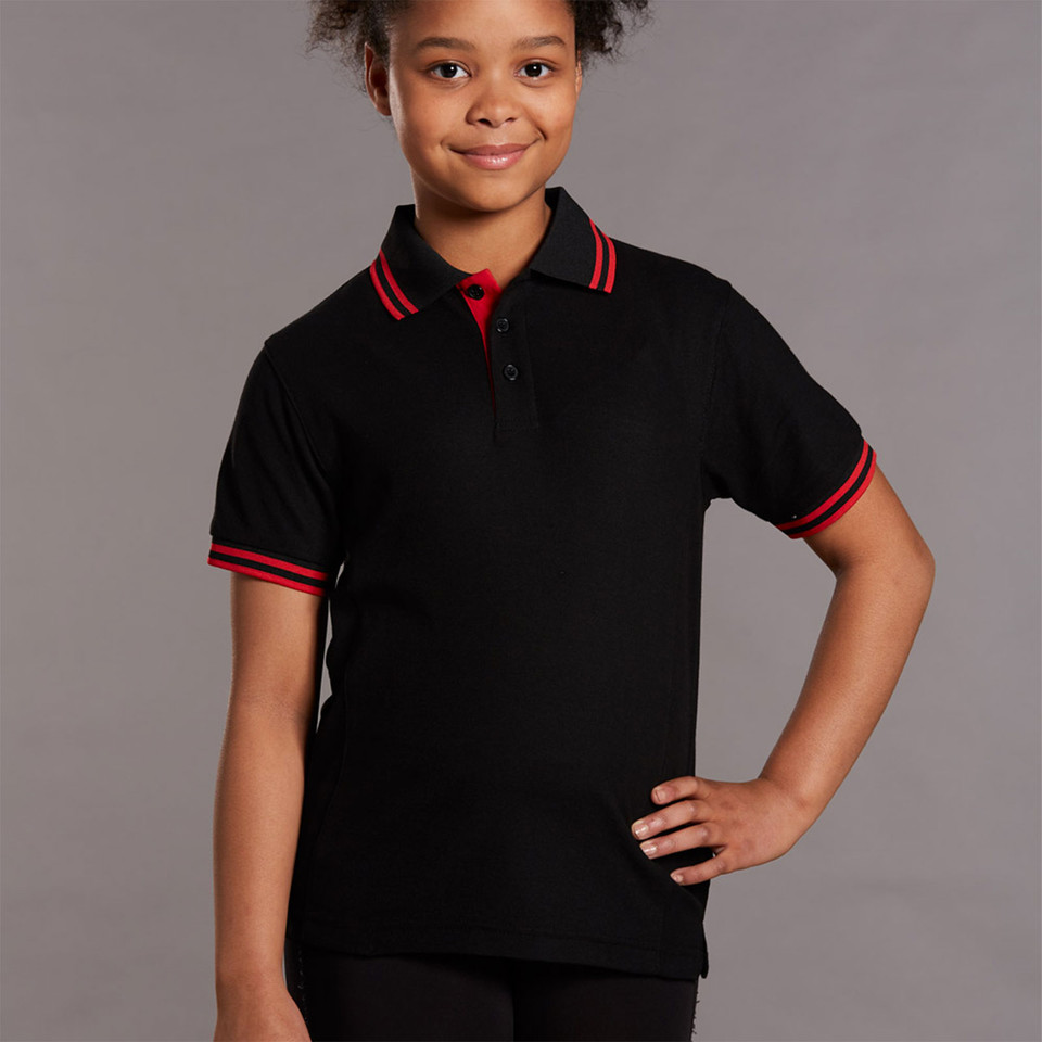 Black kids polo shirt with red contrast tipping on collar and sleeves