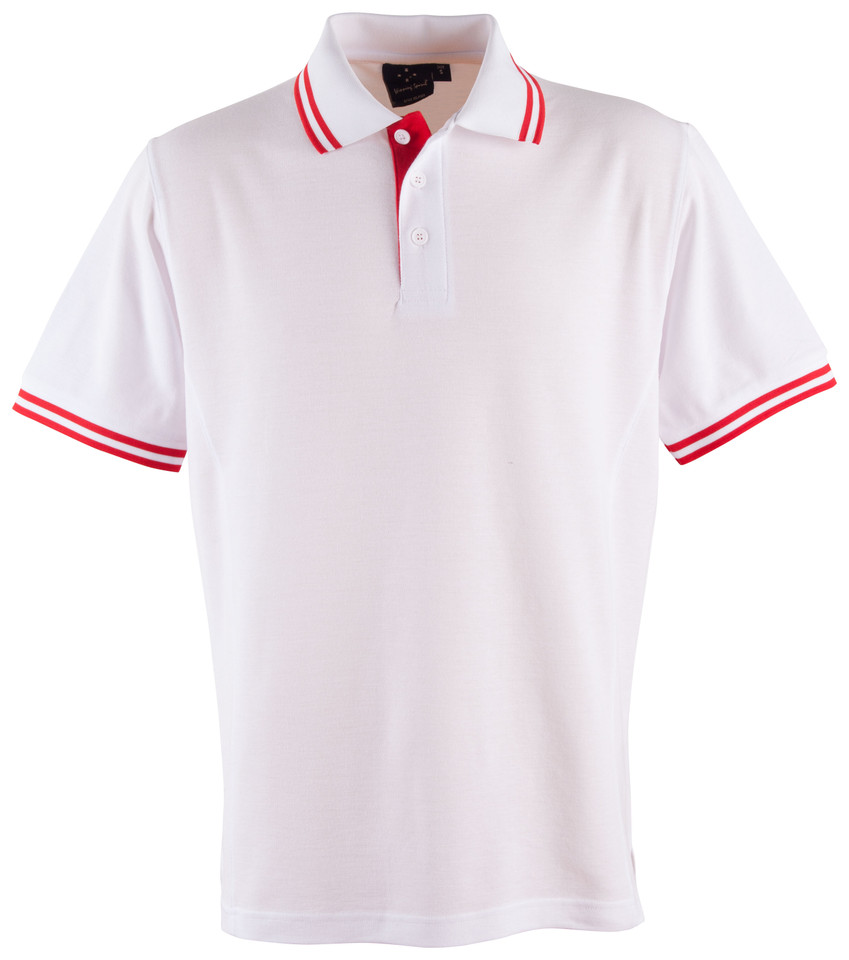White kids polo shirt with red contrast tipping on collar and sleeves