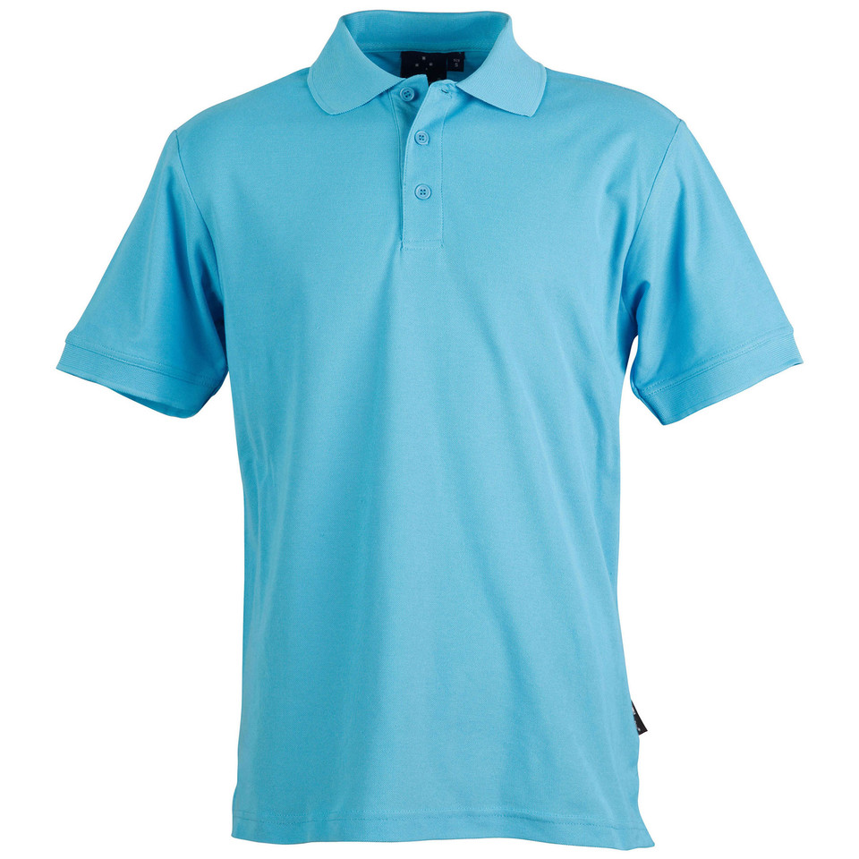 Sky blue polo shirt with collar and button placket, short sleeves, smooth front panel ideal for decoration