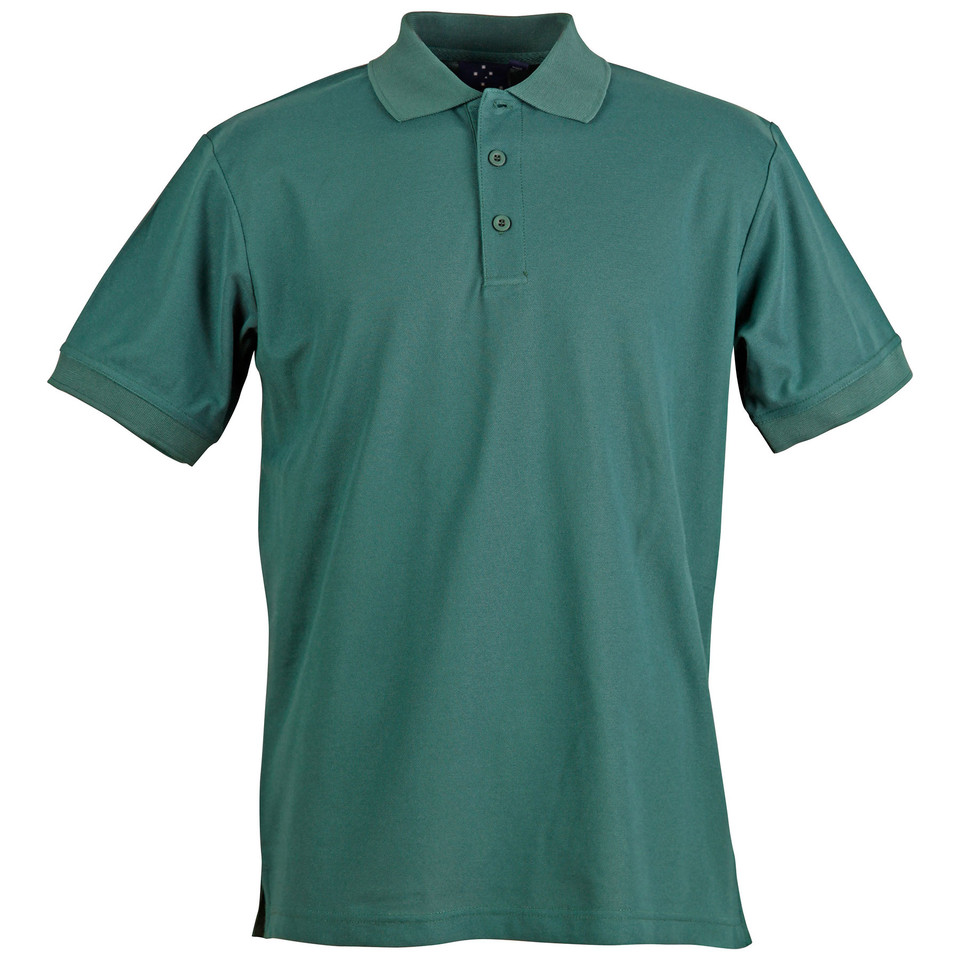Bottle green men's short sleeve pique polo shirt with three-button placket and ribbed collar