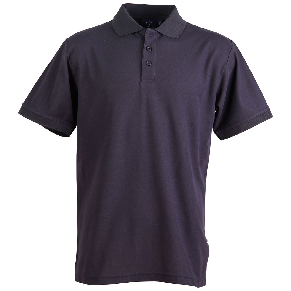 Charcoal grey short sleeve polo shirt with three-button placket and flat knit collar