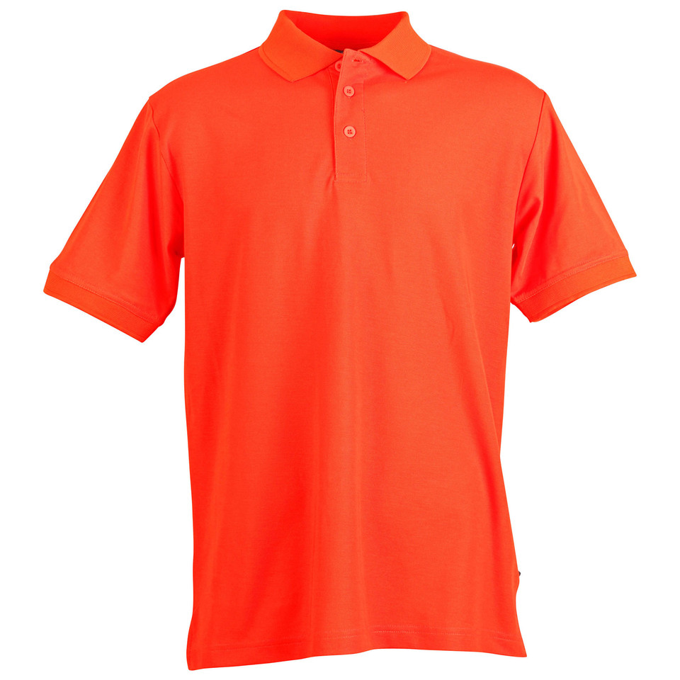 Fluorescent orange men's short sleeve polo shirt with three-button placket and ribbed collar, flat lay packshot