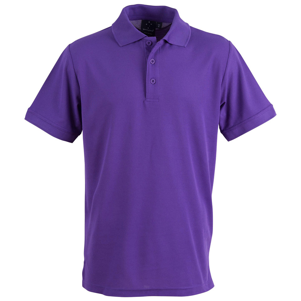 Purple short sleeve men's polo shirt with three-button placket and ribbed collar, flat lay packshot