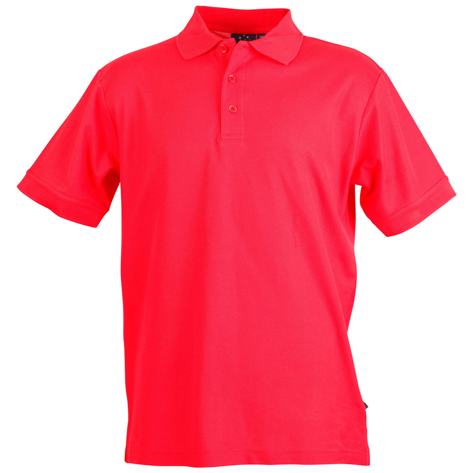 Bright red men's short sleeve polo shirt with ribbed collar and three-button placket