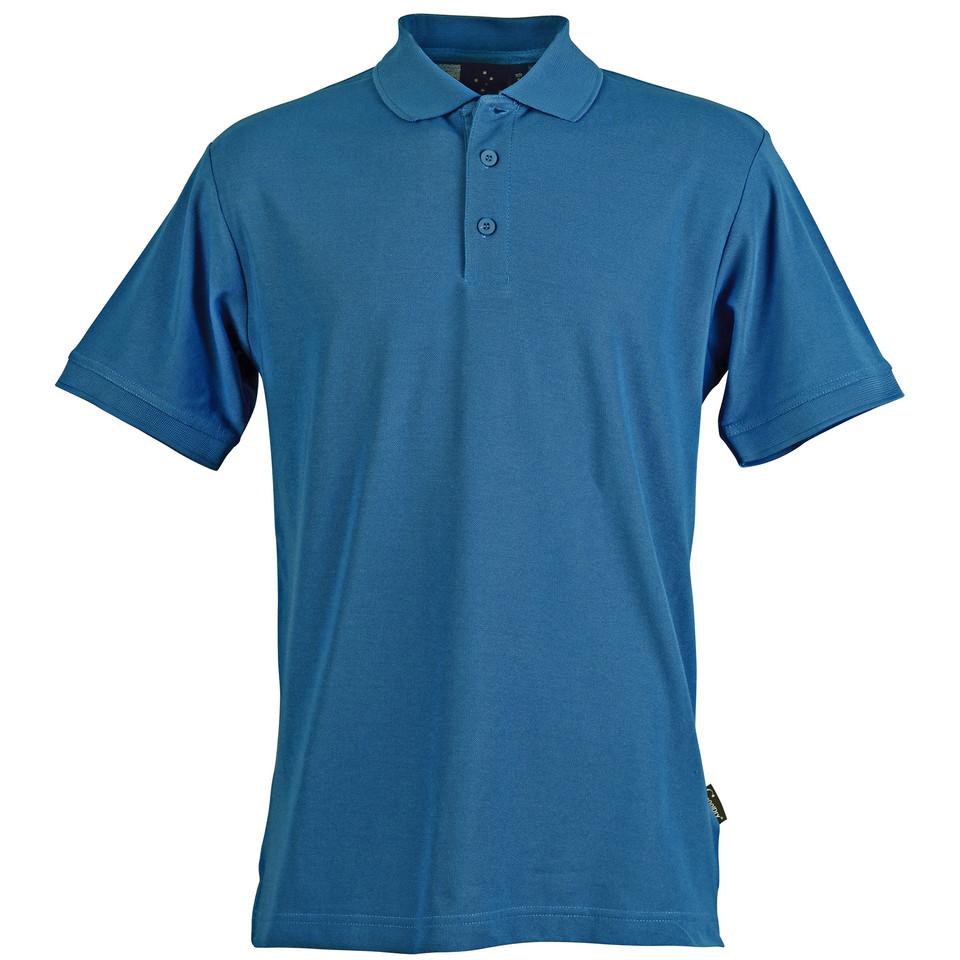 Steel blue men's short sleeve polo shirt with three-button placket and pique texture flat lay