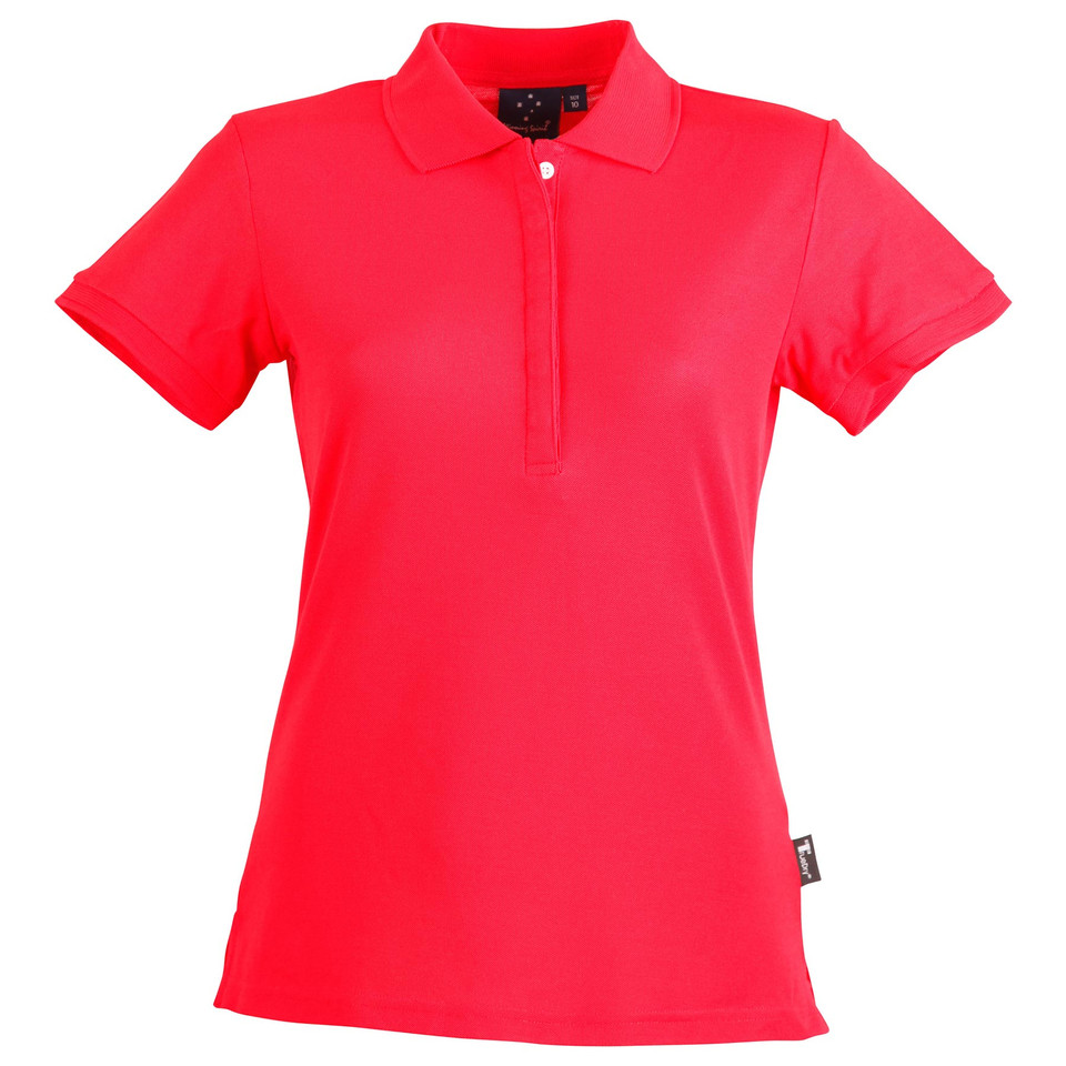 Red women's short sleeve pique polo with flat button placket and fitted silhouette