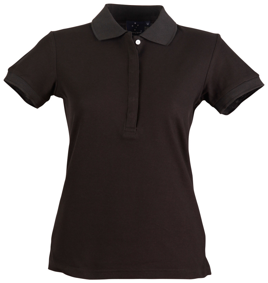 Black ladies short sleeve polo shirt with charcoal contrast collar and button placket