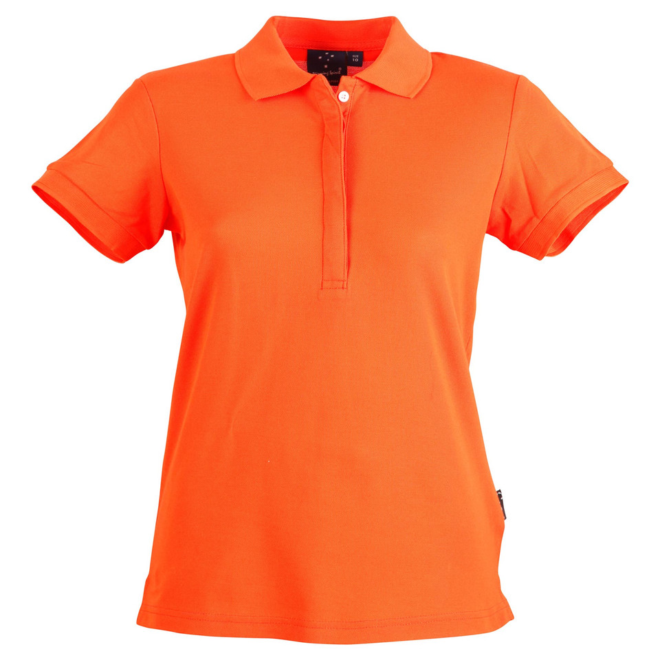 Women's hi-vis orange pique polo shirt with flat collar, concealed placket and short sleeves