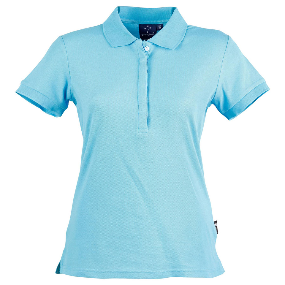 Sky blue ladies polo shirt with matching collar and button placket in TrueDry pique fabric