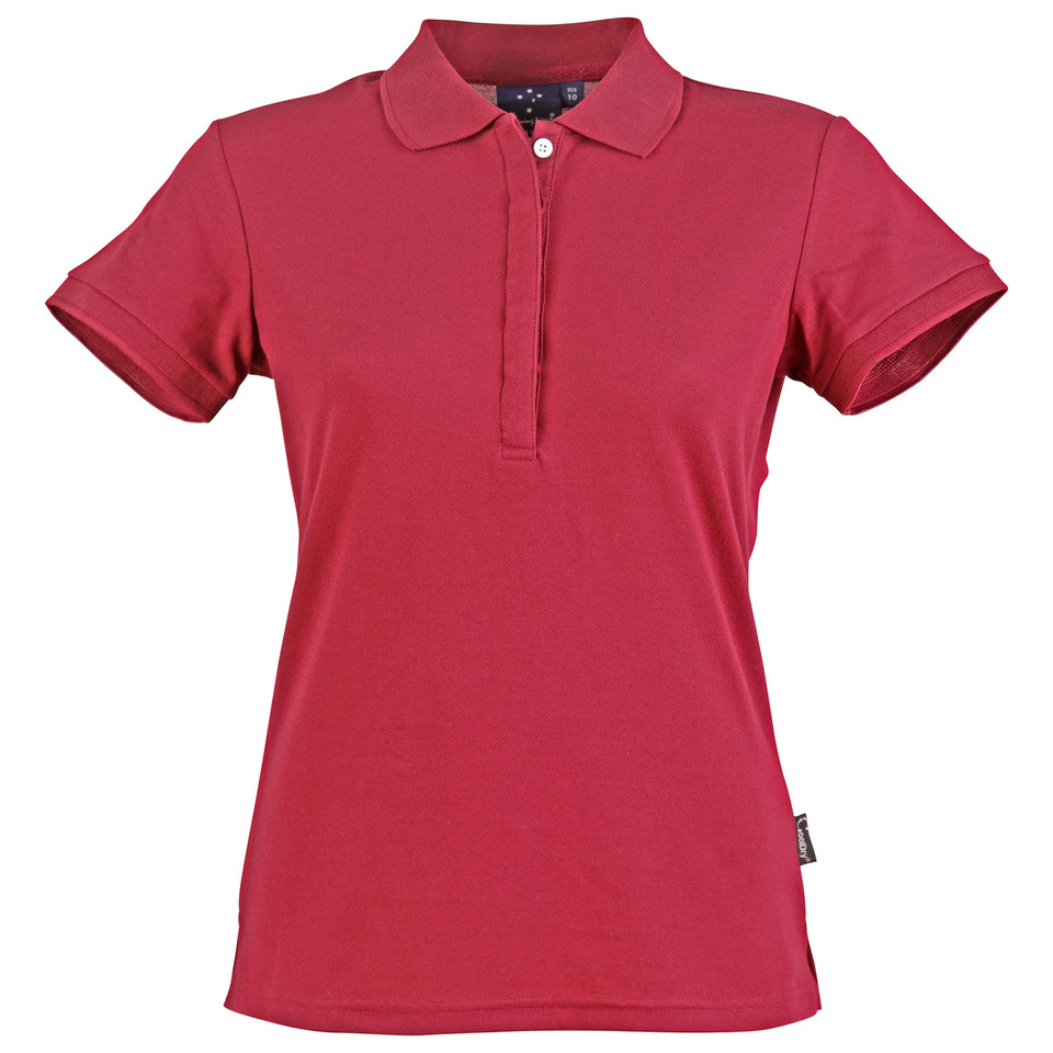 Ladies raspberry pink polo shirt with contrast burgundy tipping on collar and sleeves