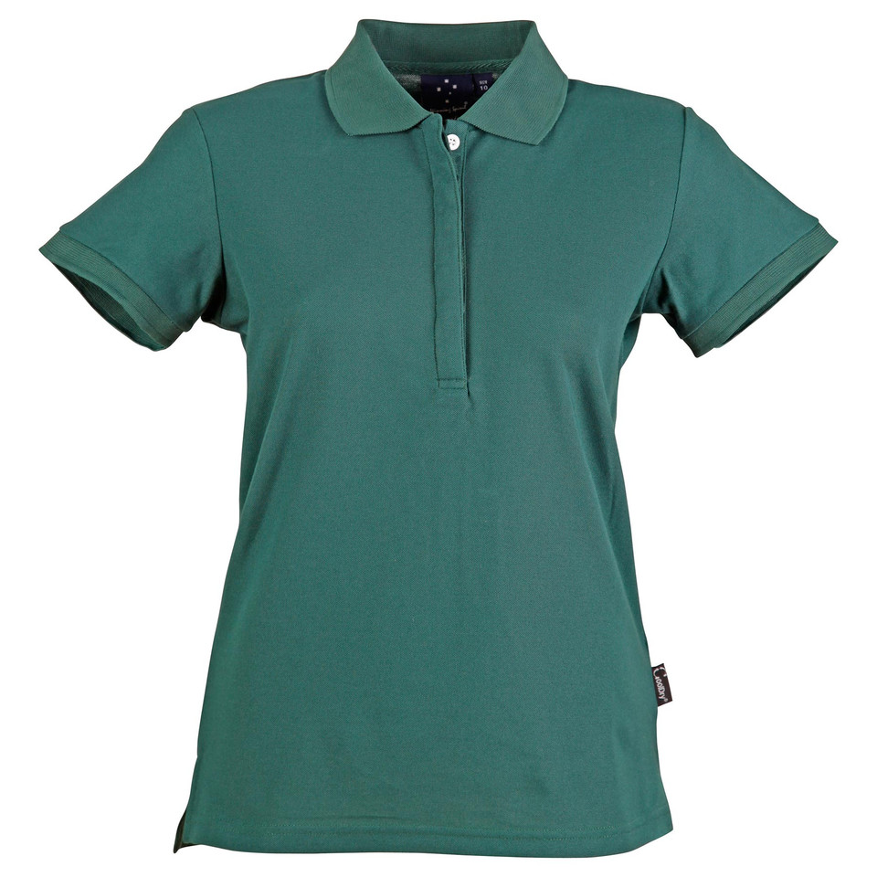 Bottle green women's short sleeve pique polo with three-button placket and ribbed cuffs
