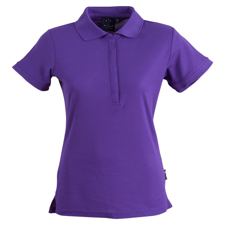 Women's purple short sleeve polo shirt with flat collar, hidden placket, and fitted silhouette