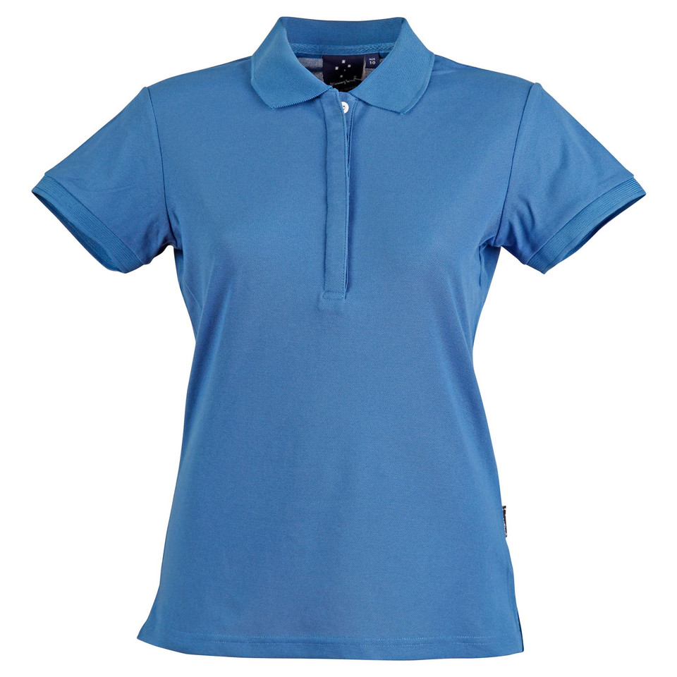 Carolina blue women's pique polo shirt with contrast navy tipping on collar and sleeve hems