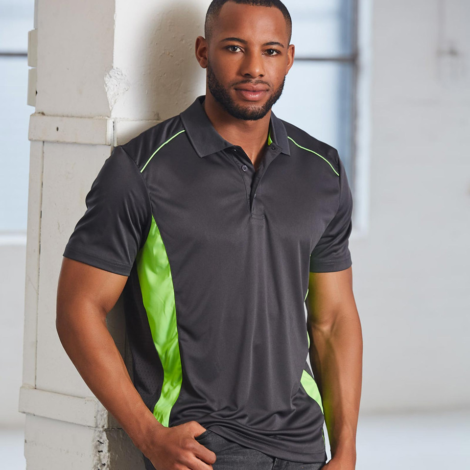 Charcoal grey polo shirt with lime green side panels and contrast piping on shoulders
